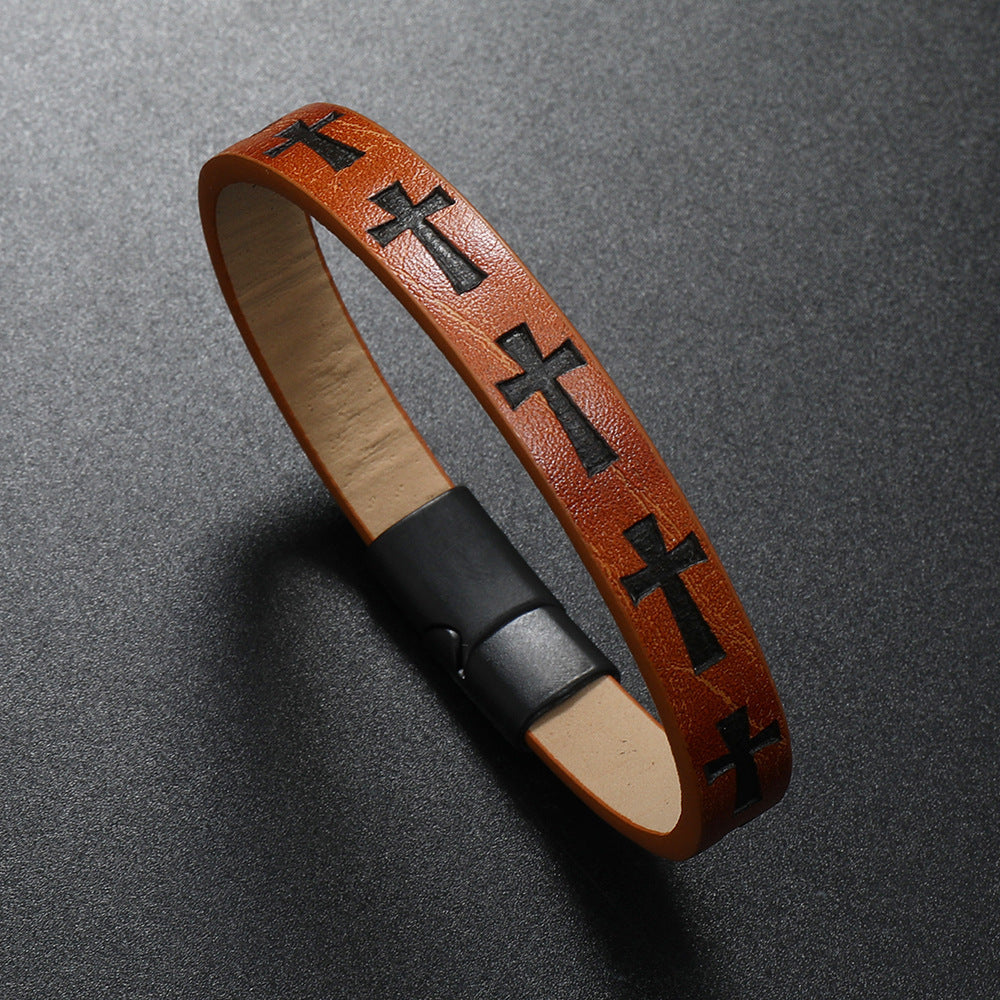 Alloy Leather Bracelet Men's Printed Cross Magnetic Buckle Bracelet