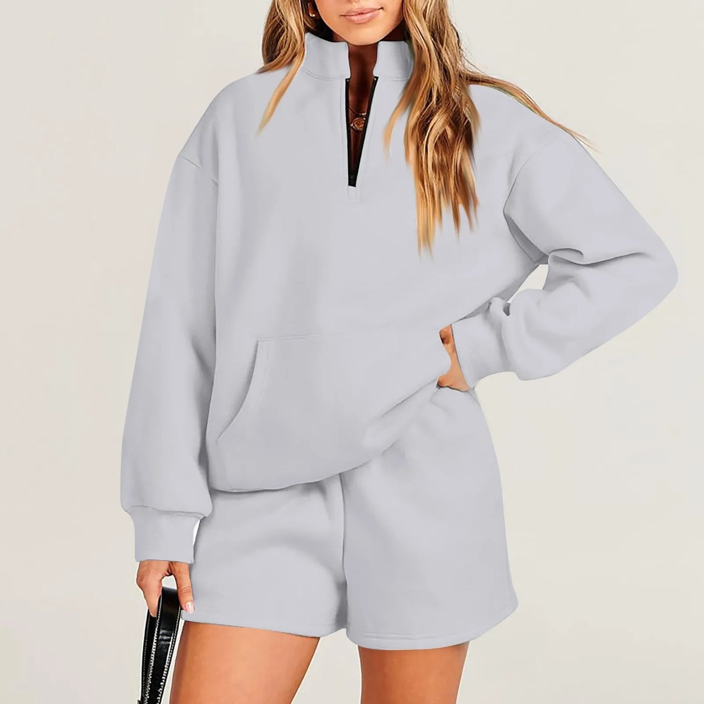 Women's Fashion Solid Color Stand Collar Half Zip Pullover Long Sleeve Sweater Shorts Suit