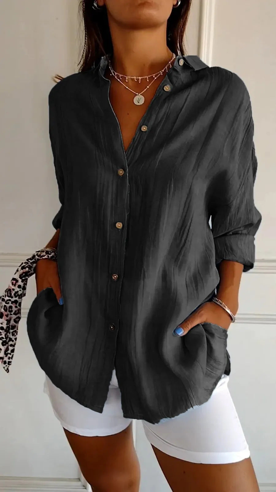 Lapel Long Sleeve Shirt Women's Single-breasted Pleated Shirt