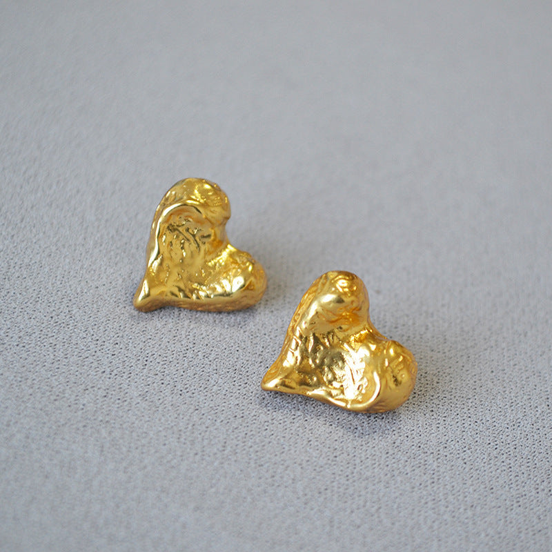 French Minority Vintage Crumpled Texture Sandstone Surface Irregular Heart Brass Gold Plated 925 Silver Pin Earrings