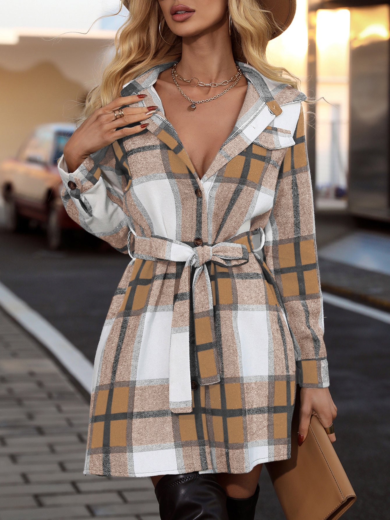 Women's Fashion Long Sleeve Striped Plaid Dress