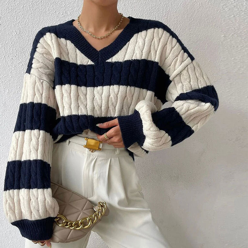 V-neck Long Sleeve Striped All-matching Women's Sweater