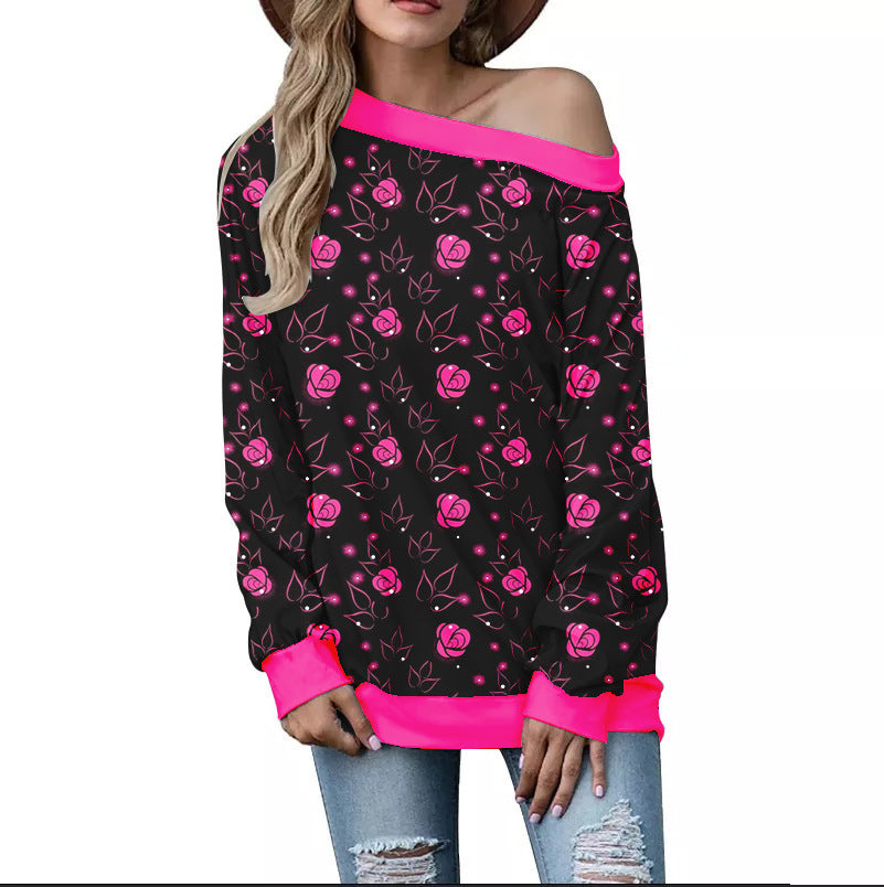 Women's Valentine's Day Pattern Printed Long Sleeve Loose Shoulder Sweater