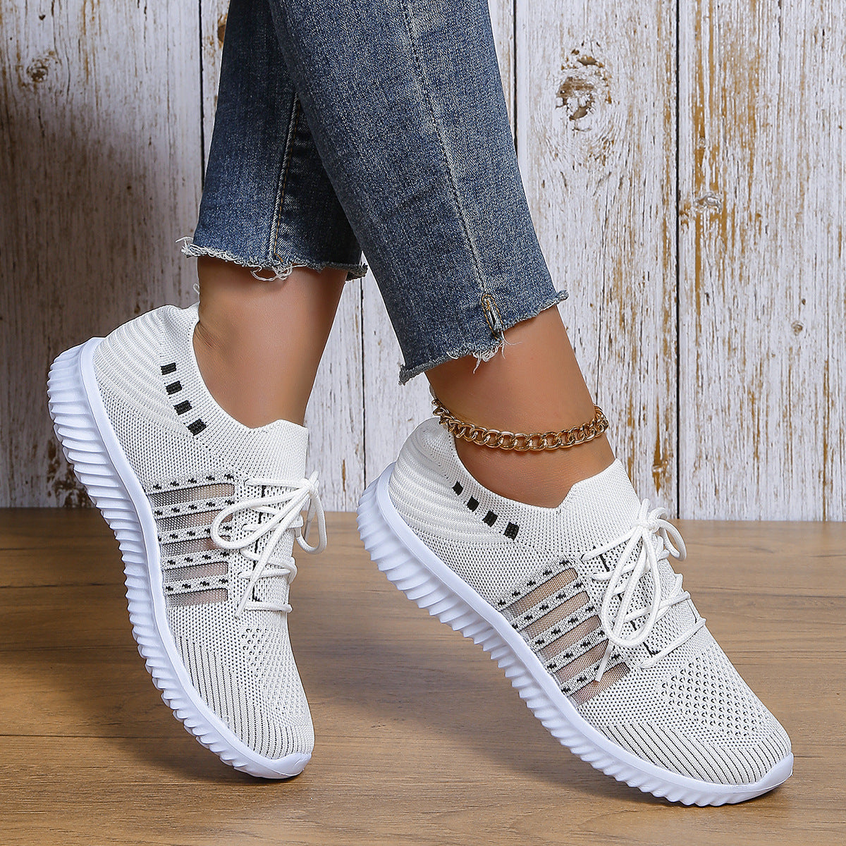 Casual Lace-up Mesh Sneakers Breathable Flying Woven Round Toe Walking Running Sports Shoes