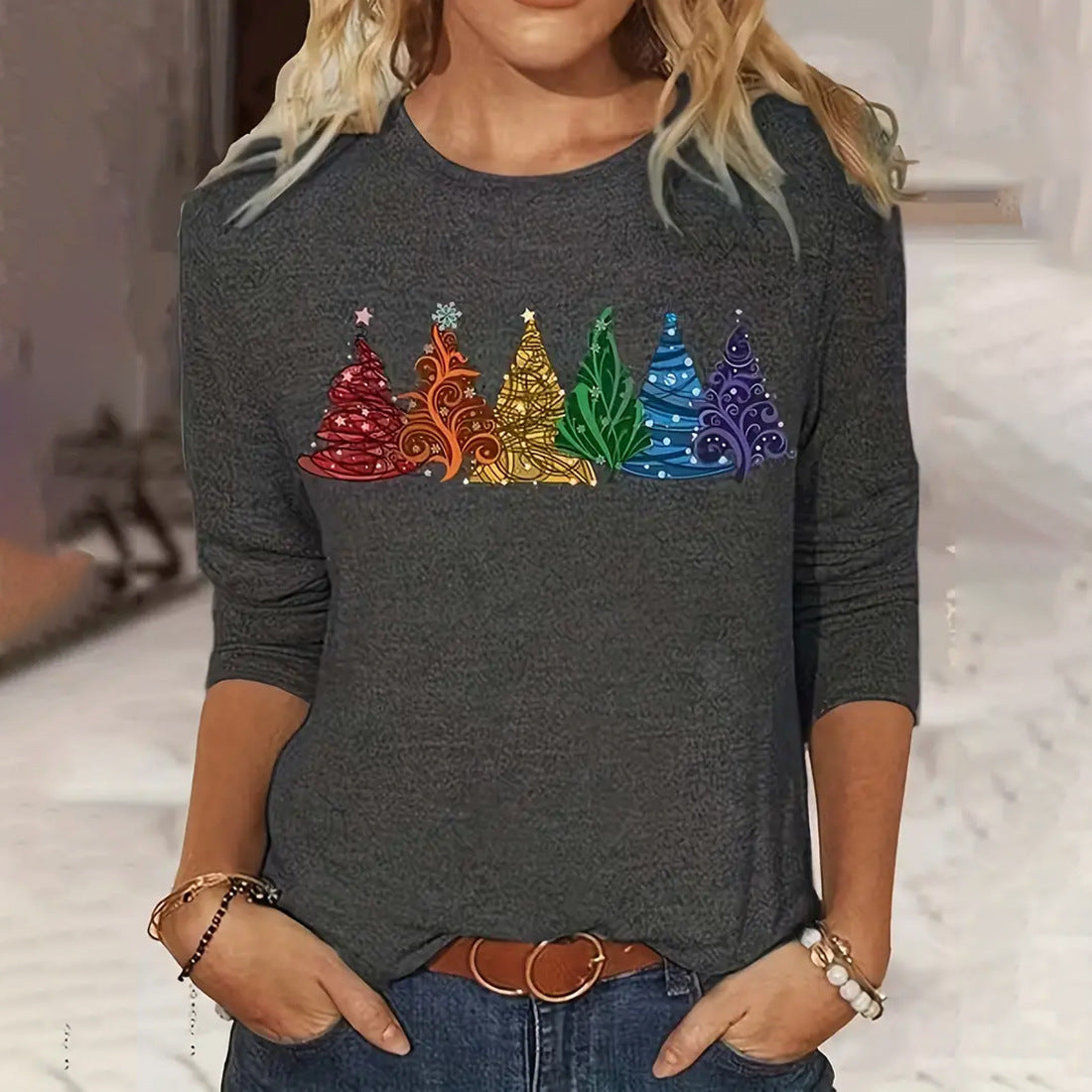 Women's Long-sleeved T-shirt Christmas Tree Printed Round Neck Loose Casual