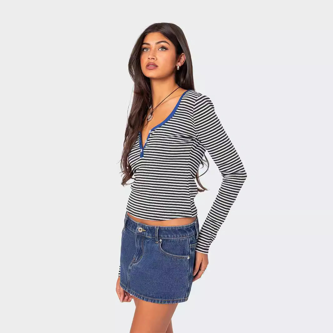 Contrast Color Striped Sweater Women's Button Slim T-shirt