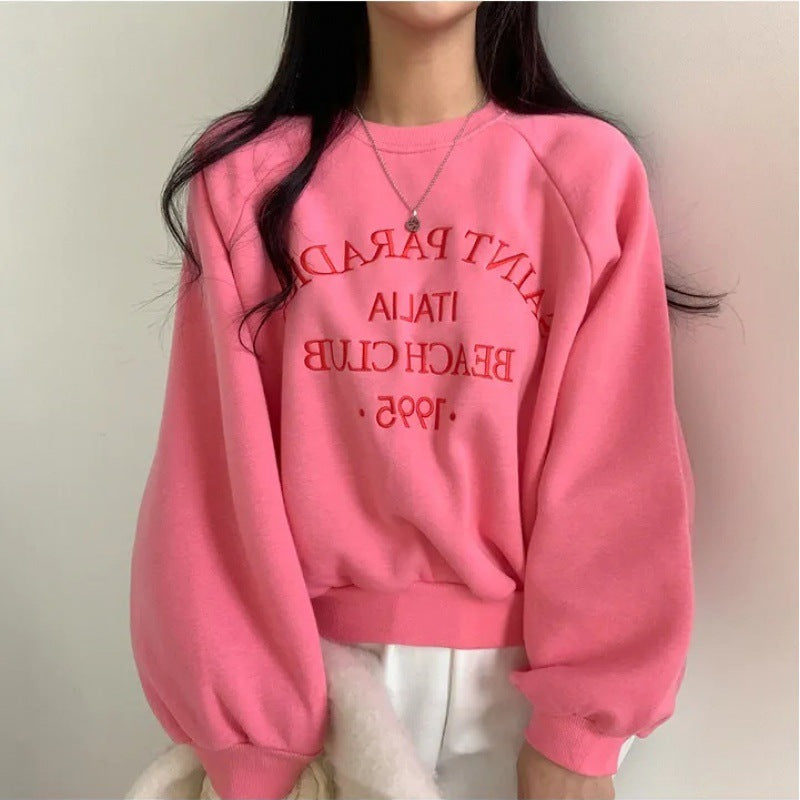 Light Letters Embroidery Velvet Thick Round Neck Sweater For Women