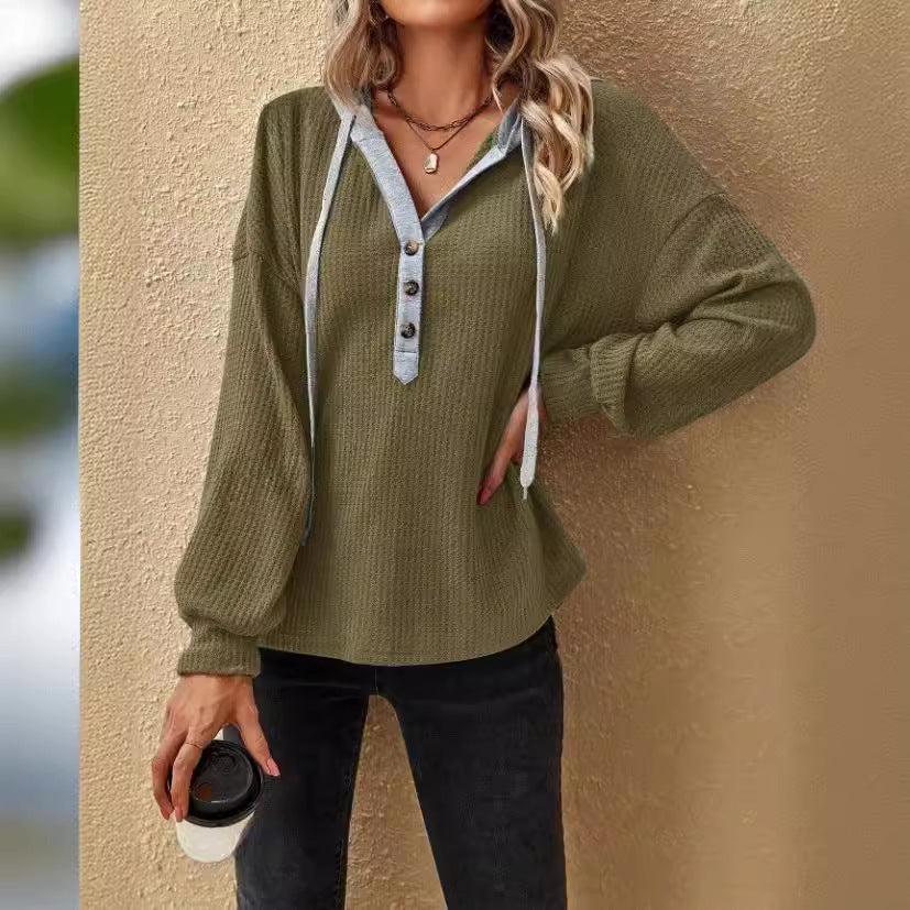 Casual Button Hooded Loose Long Sleeves Sweater For Women