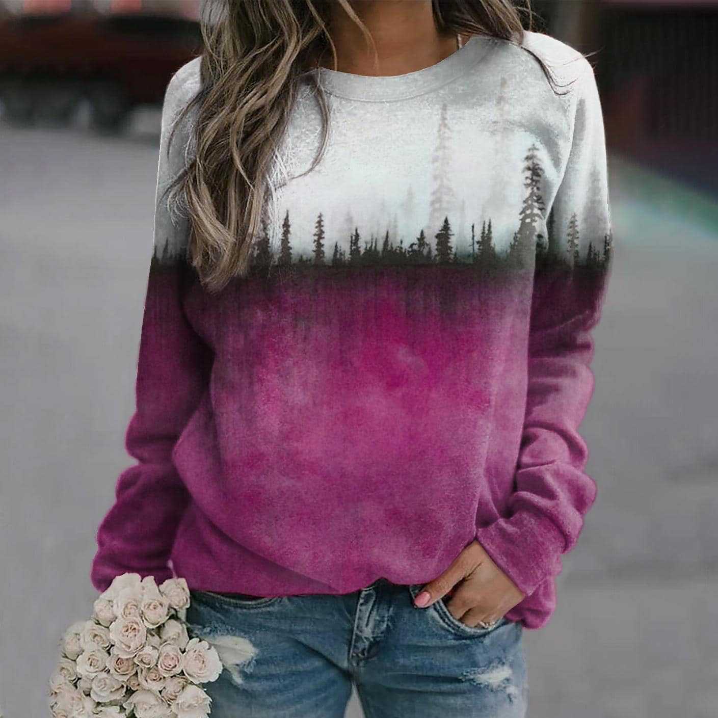 Casual Women's Pine Printed Crew Neck Sweatshirt