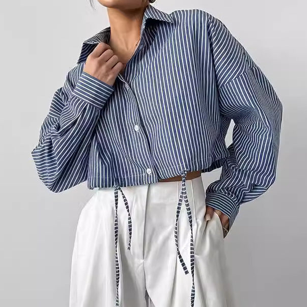 Long Sleeve Niche Cropped Striped Shirt Fashion