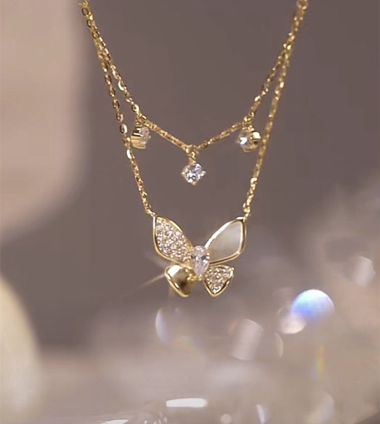 Double Layered Zirconium Shell Butterfly Necklace