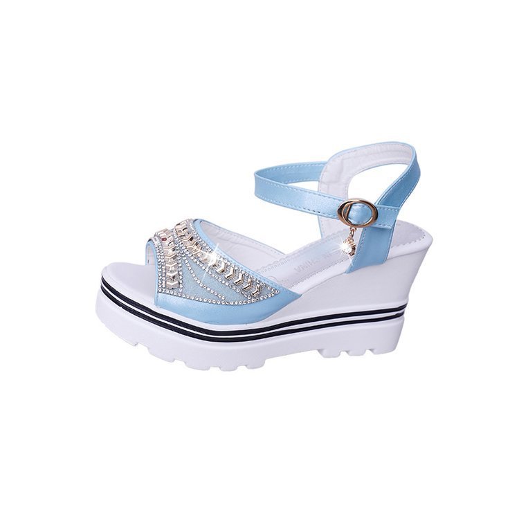 Summer New Solid Color Women's Sandals Wedge Rhinestone Waterproof