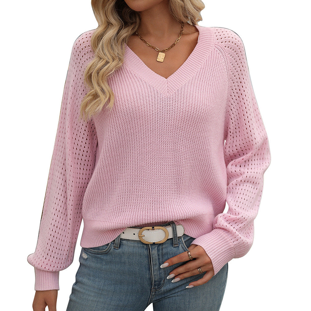 Women's Hollow Out V-neck Long Sleeve Fashion Sweater