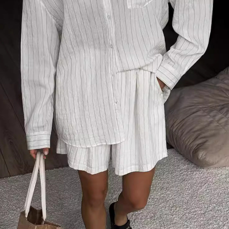 White Striped Long-sleeved Shirt Two-piece Comfortable