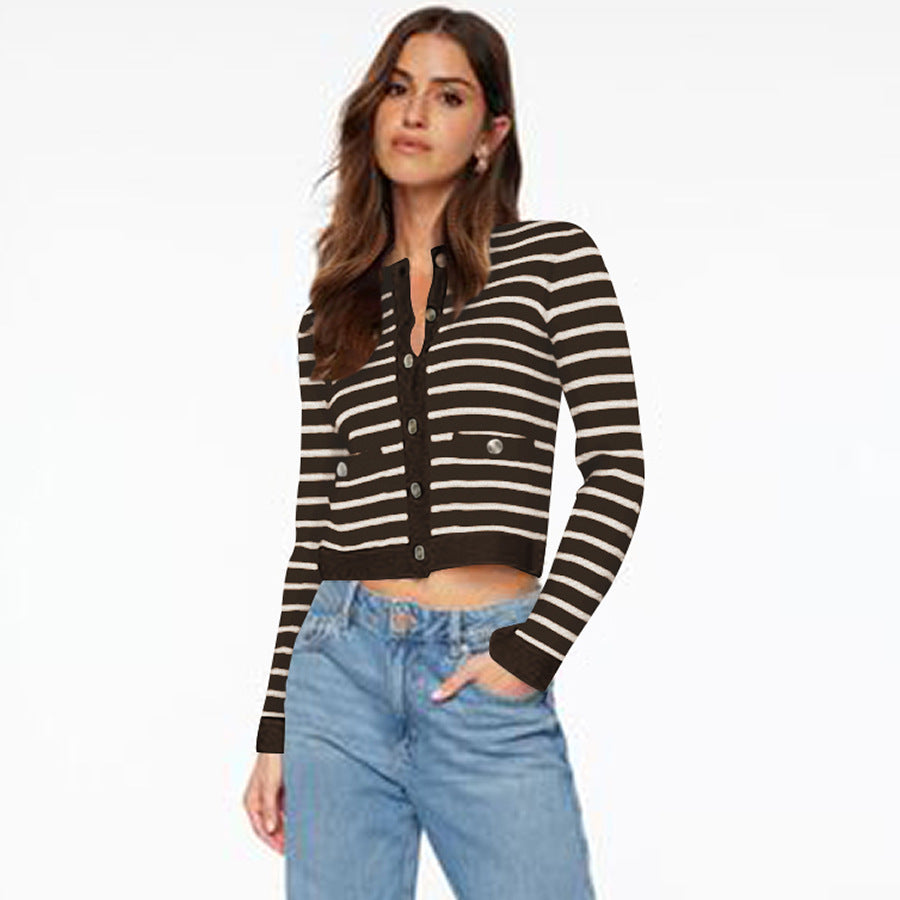 Comfort And Casual Long Sleeve Striped Button Top