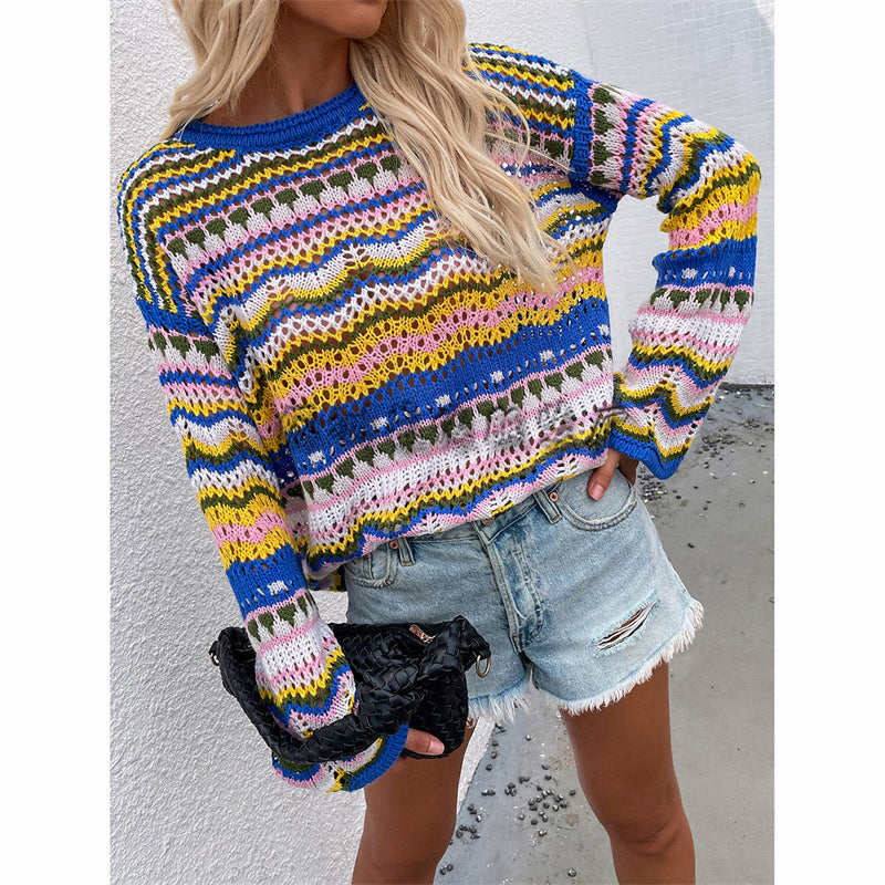 Stitching Sweater Loose Inter-color Rainbow Round Neck Striped Women