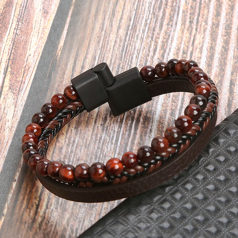 Men's Leather Natural Stone Volcanic Rock Red Tiger Titanium Steel Woven Leather Bracelet