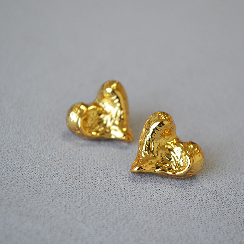 French Minority Vintage Crumpled Texture Sandstone Surface Irregular Heart Brass Gold Plated 925 Silver Pin Earrings