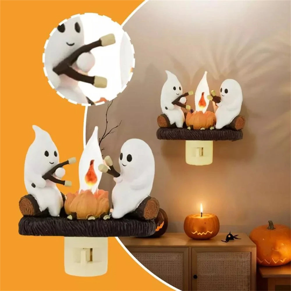 2024 Ghost Campfire Flickering Nightlight 2 Ghosts Roasting Plug Wall Spooky Fire Marshmallow Night Light For Halloween Decor