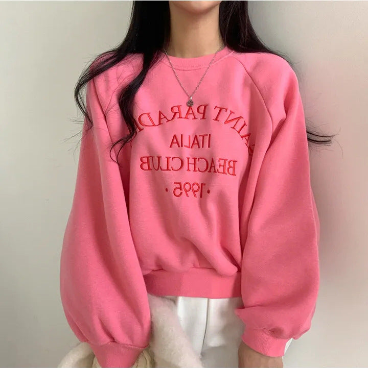 Light Letters Embroidery Velvet Thick Round Neck Sweater For Women