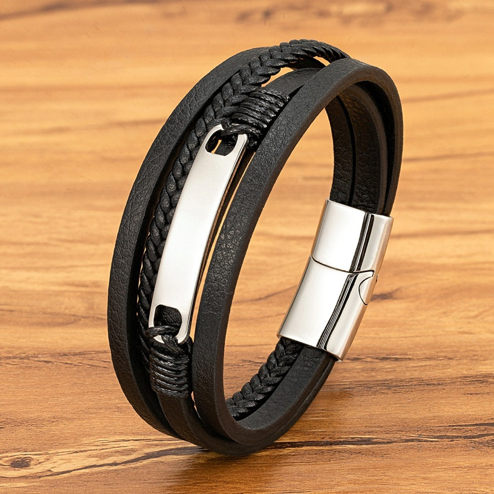 Multi-layer Woven Leather Bracelet Magnetic Buckle Stainless Steel Bracelet