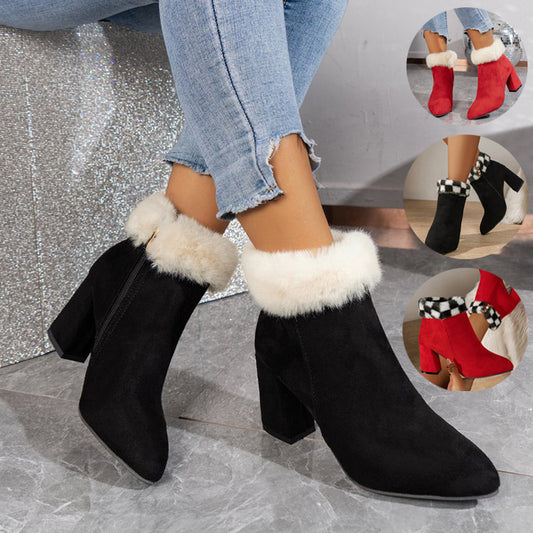 New Plaid Print Plush Ankle Boots Winter Fashoin Square Heel Suede Boots Women Casual Versatile Shoes Autumn And Winter