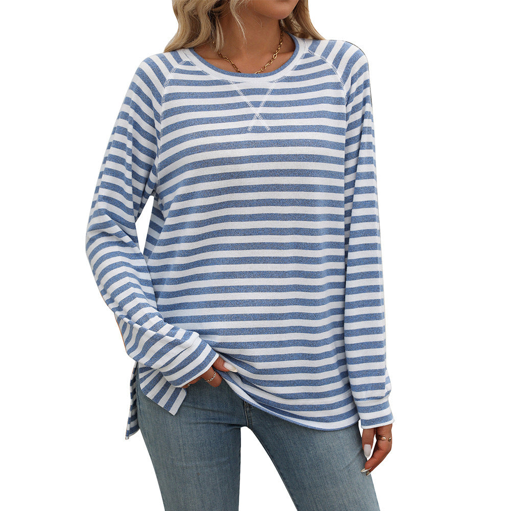 Striped Contrast Color Round Neck Long Sleeve Loose-fitting T-shirt Top