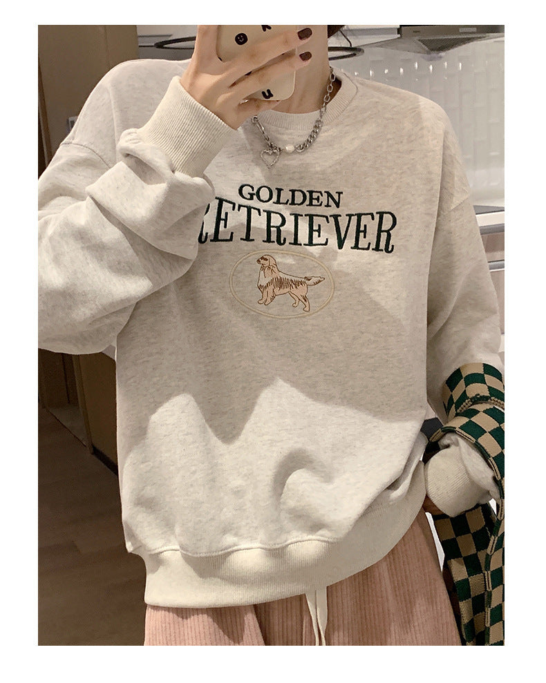 Korean Style Round-neck Pullover Women's Autumn And Winter New Loose Oversize Style Embroidery Cartoon Long-sleeved Versatile Top