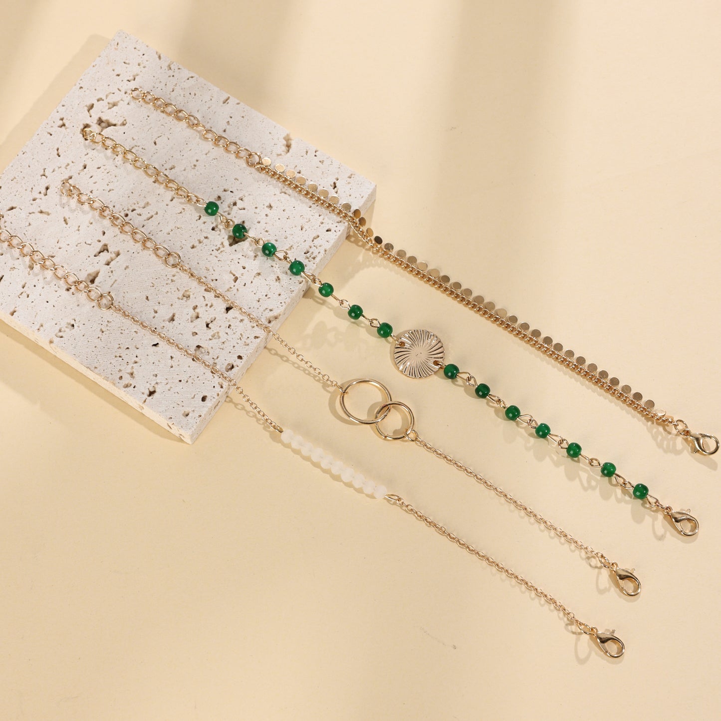 Fashion And Trendy Sequin Tassel Metal Ring White Green Bead Four Piece Bracelet Set