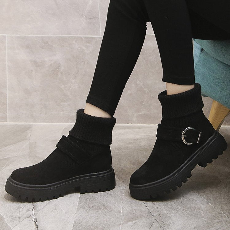 Women's Knitted Boot British Style Belt Buckle Ankle Boots Non-slip Thick Bottom Shoes Winter