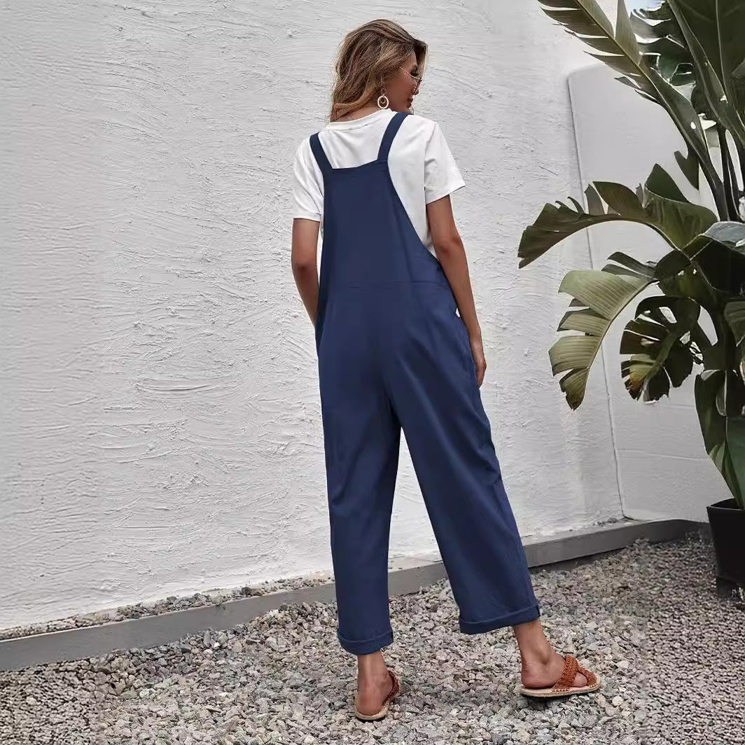 Fashion Solid Color Loose Pockets Wide Leg Jumpsuit