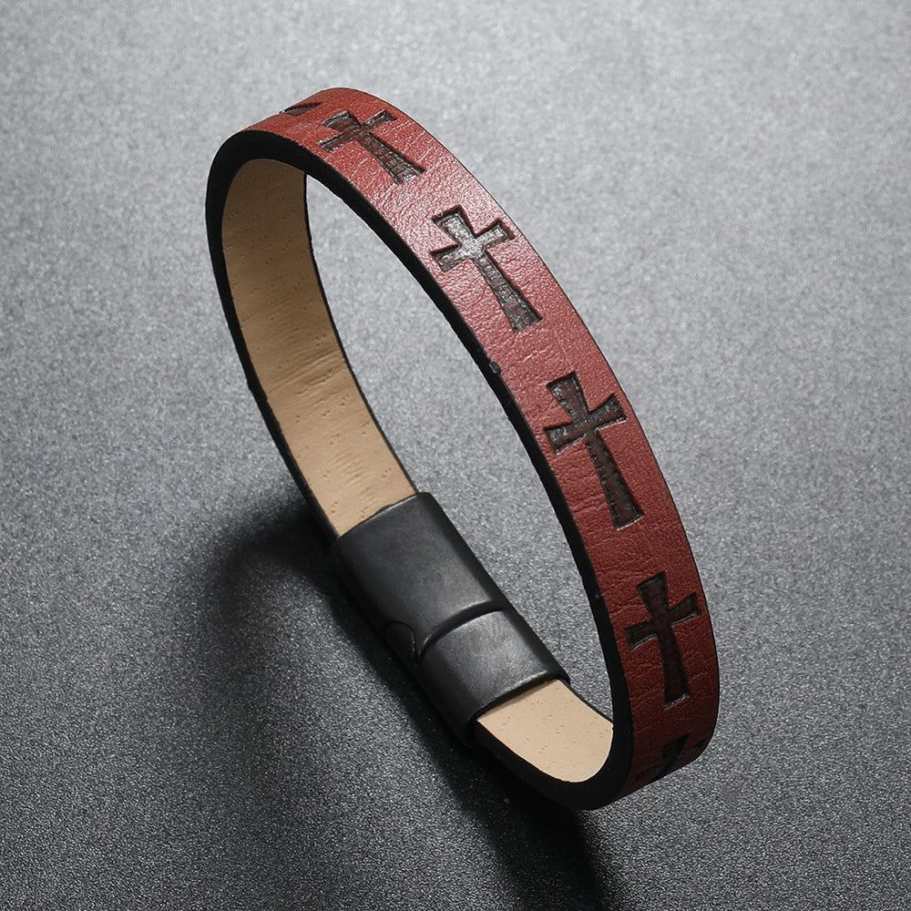 Alloy Leather Bracelet Men's Printed Cross Magnetic Buckle Bracelet