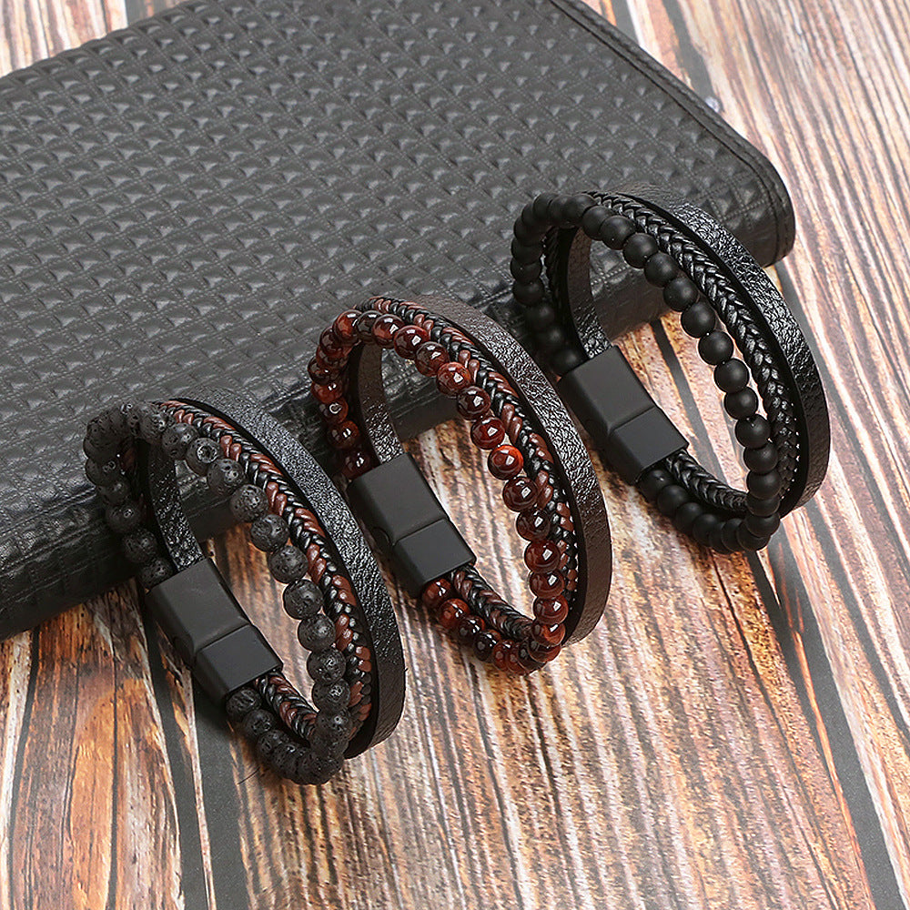 Men's Leather Natural Stone Volcanic Rock Red Tiger Titanium Steel Woven Leather Bracelet