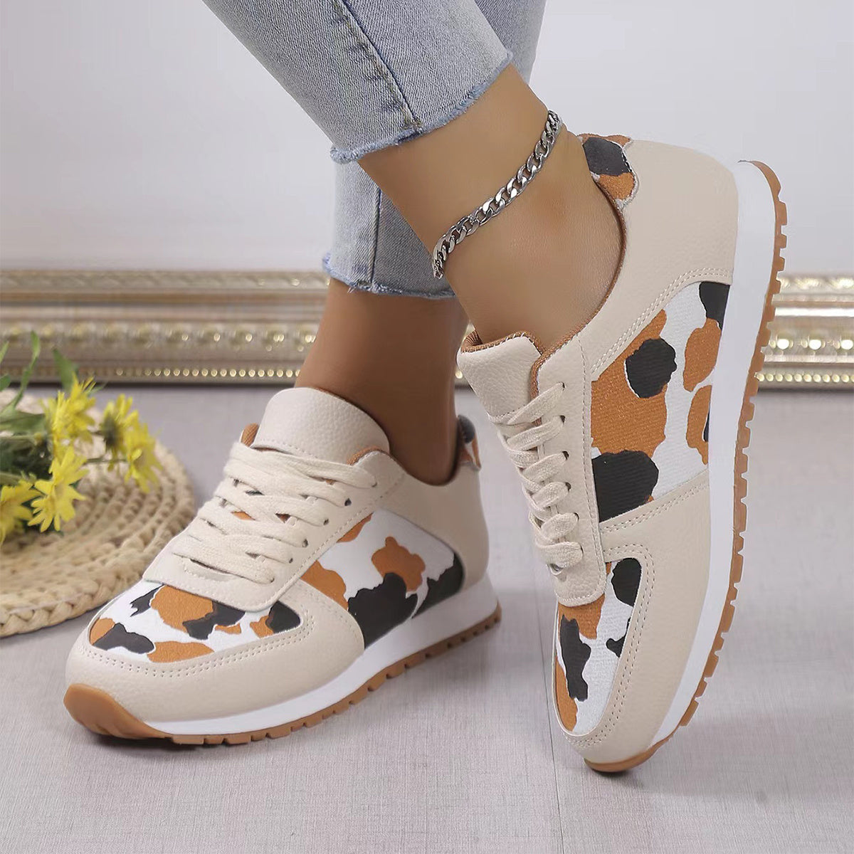 Fashoin Leopard Print Lace-up Sports Shoes For Women Sneakers Casual Running Walking Flat Shoes