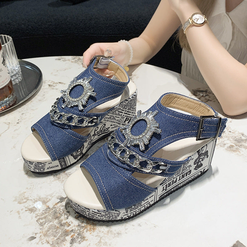 Wedge Denim Round Toe Peep Toe Sandals Fashionable And Comfortable Rhinestone High Heel Shoes