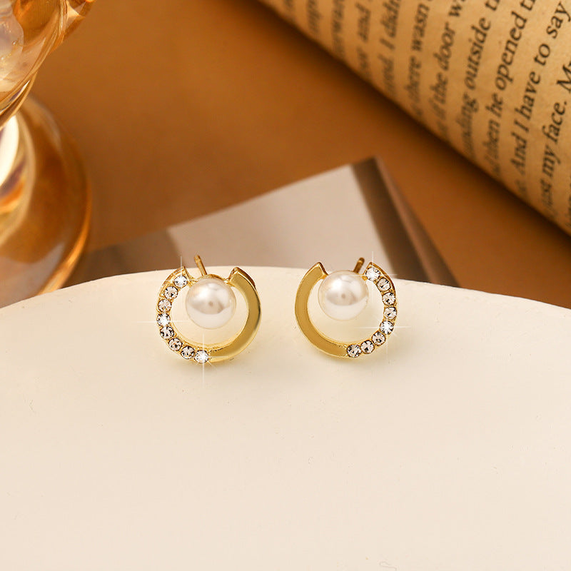 Rhinestone Pearl Ear Studs High Sense Sterling Silver Needle Ornament