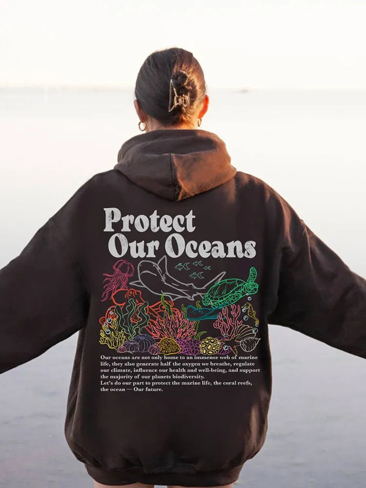 Sweater Women's Loose Protect Our Oceans Hoodie