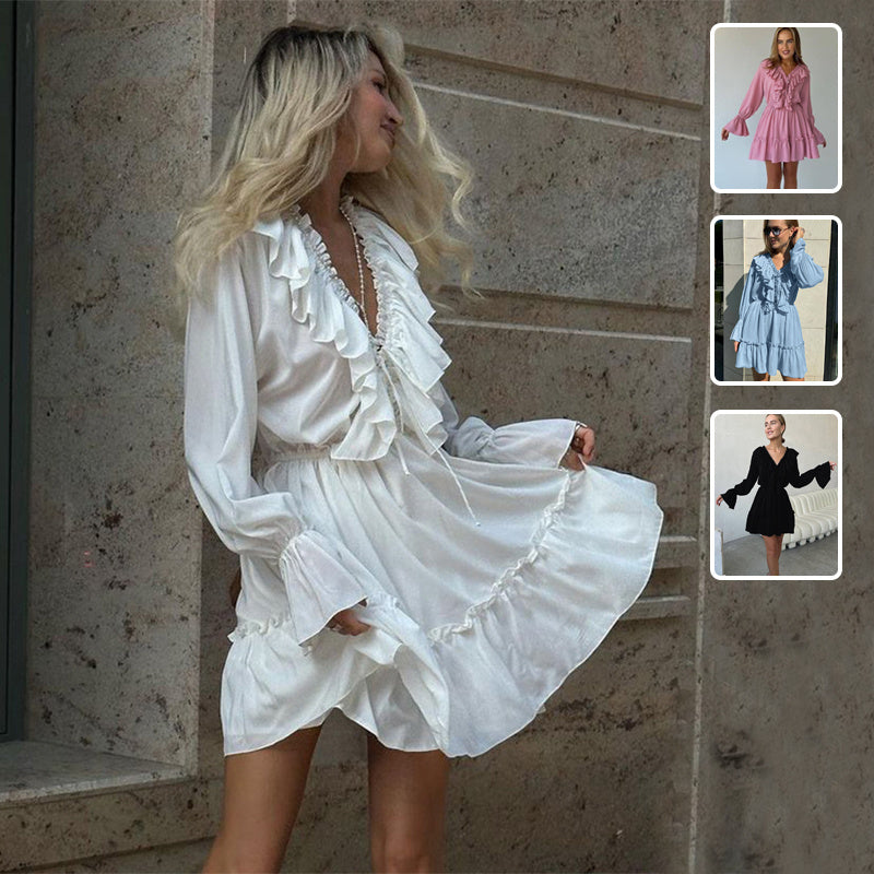 Fashion V Neck Pleated Ruffle Long Sleeve Dress Y2K V Neck Flared Sleeve Short Dress Women's Clothing