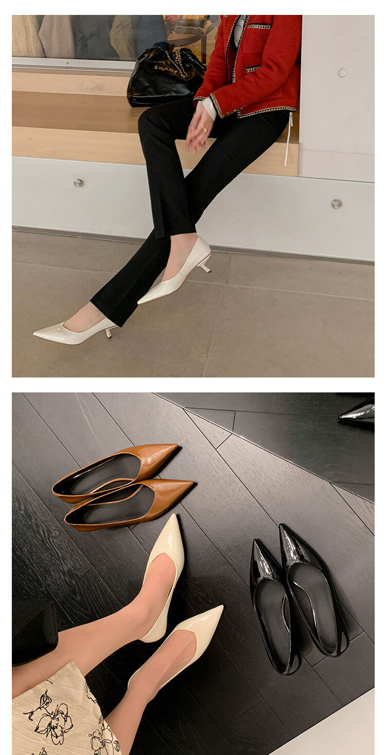 Stiletto Heel Pointed Toe V-shaped Mouth Pumps Patent Sheepskin Korean Style