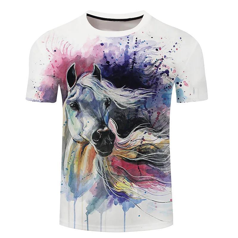 Men's 3d Horse Printed T-shirt Riding Crew Neck Short Sleeve Streetwear Hip Hop Trend