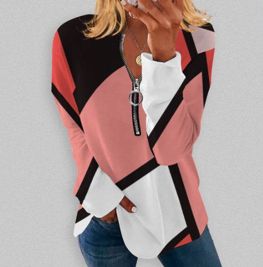 RETRO Geometric Printed Round Neck Long-sleeve T-shirt Long-sleeve Zipper