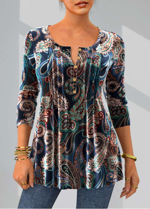 Fashion Print Round Neck Long Sleeve Top