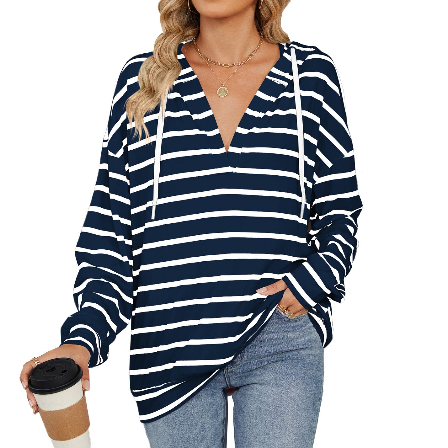 Hoodie With Drawstrings Striped Long Sleeve Sweatshirt Tops