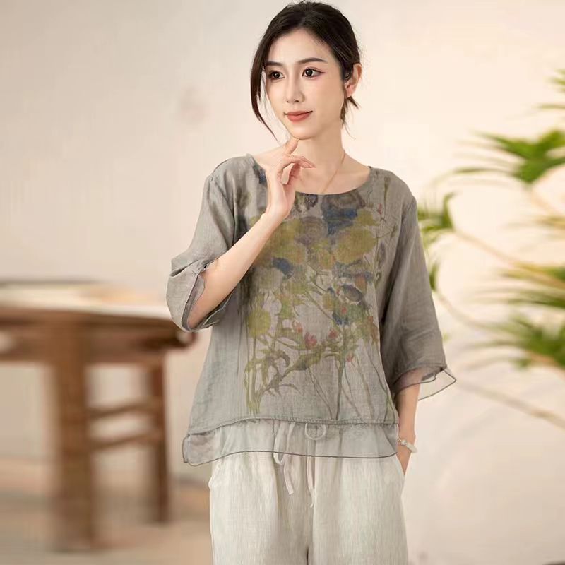 Top Plus Size Loose Casual New Chinese Style Summer Women's Artistic Short Sleeve