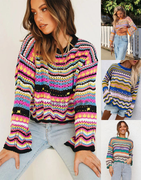 Stitching Sweater Loose Inter-color Rainbow Round Neck Striped Women