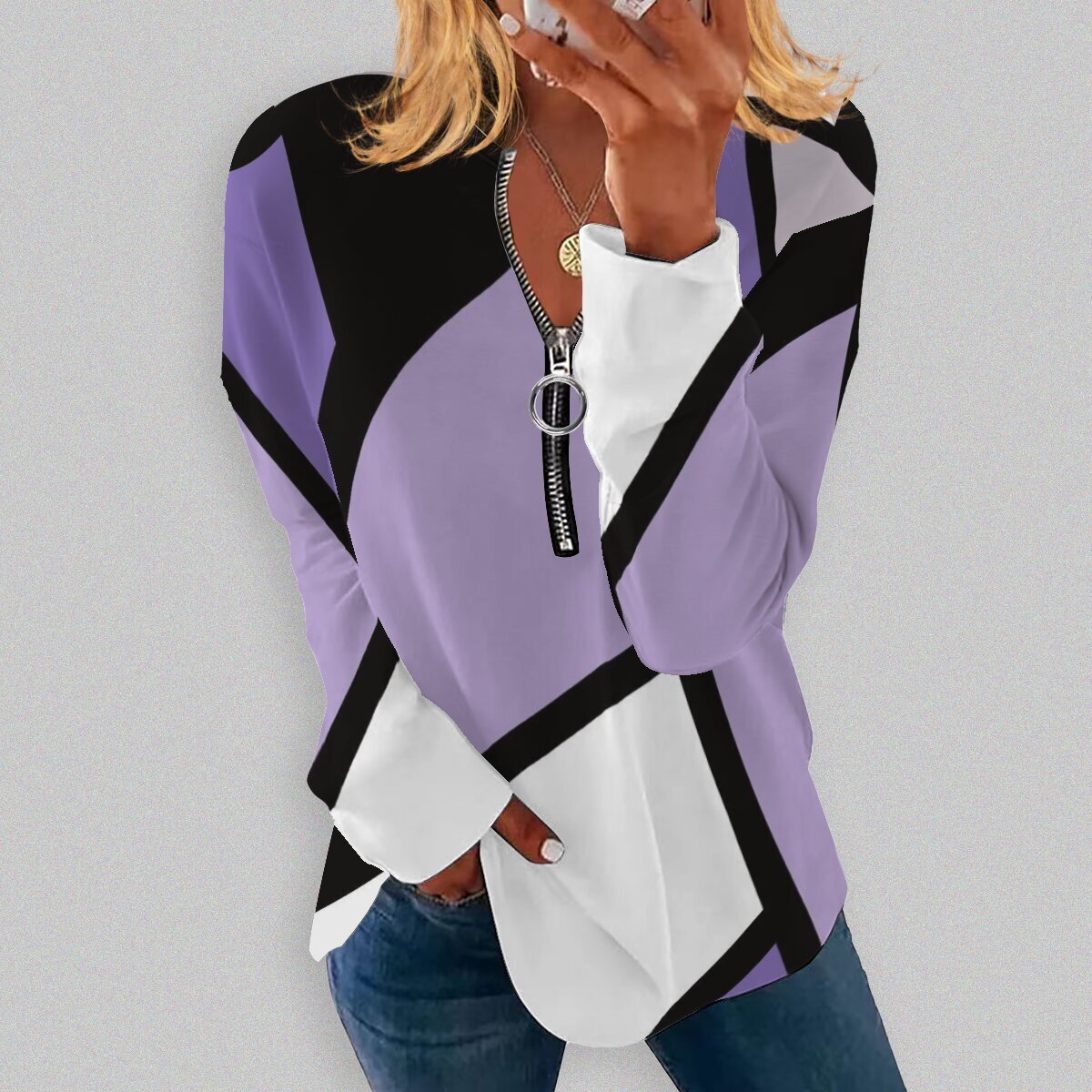 RETRO Geometric Printed Round Neck Long-sleeve T-shirt Long-sleeve Zipper