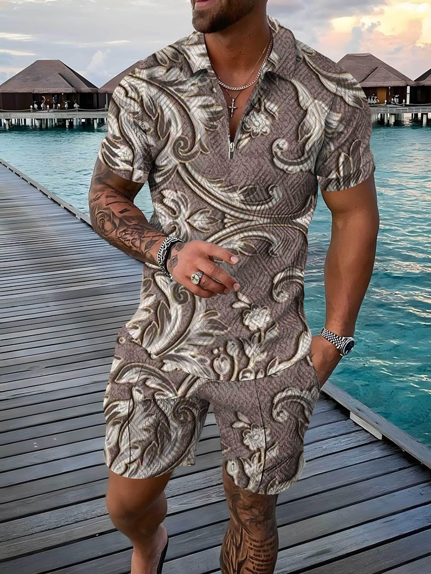 Zipper And Lapel Short Sleeve Shorts Suit