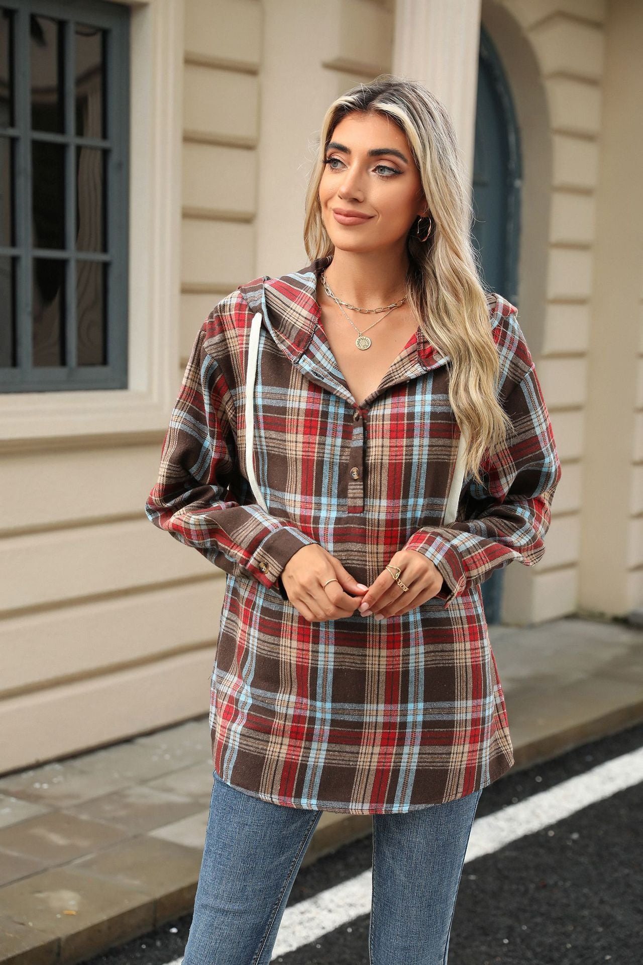 Fashion Plaid Print Hooded Sweatshirt With Button Loose Long Sleeve Hoodies Leisure Sports Top For Womens Clothing