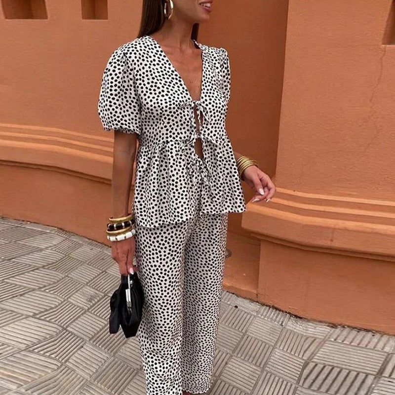 Summer Printed Pleated Women's Pants Suit Hollow Out Suit