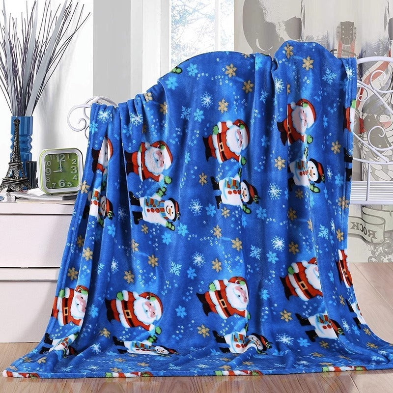 Christmas Elk Snowman Santa Claus Print Blanket Winter Double-sided Flannel Blanket For Sofa Sleeping Shawl